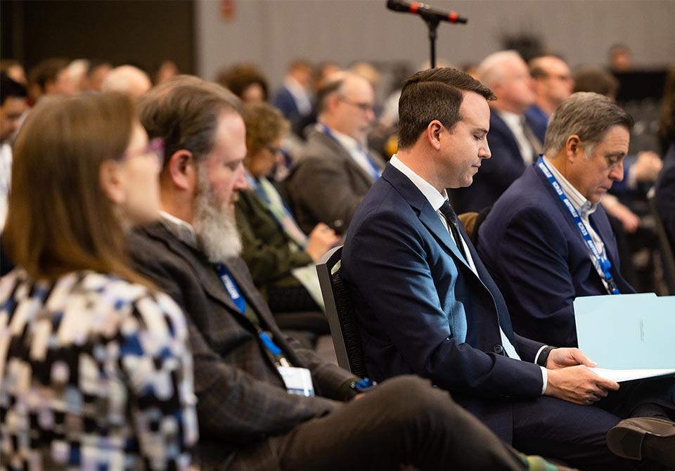 Photo: icr attendees listening to the opening session speaker at the 2023 innovations in climate resilience conference