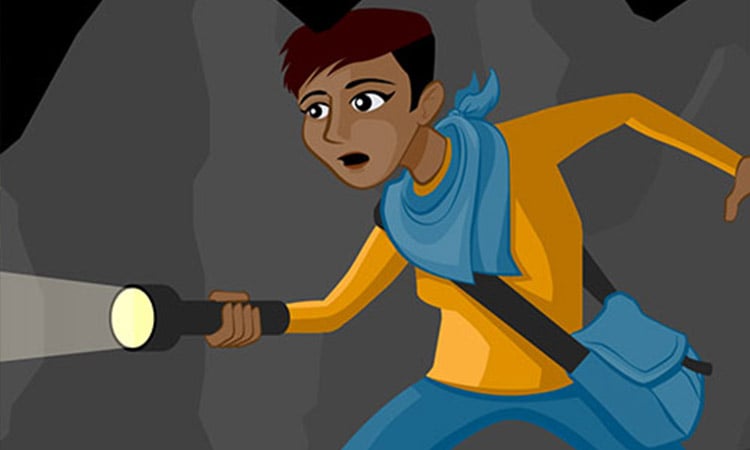 alt= animation of a women exploring a cave