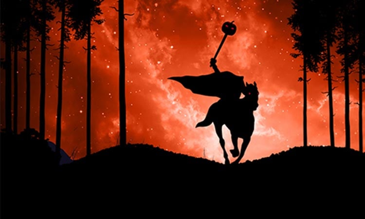 alt= illustration of a headless horseman riding at night
