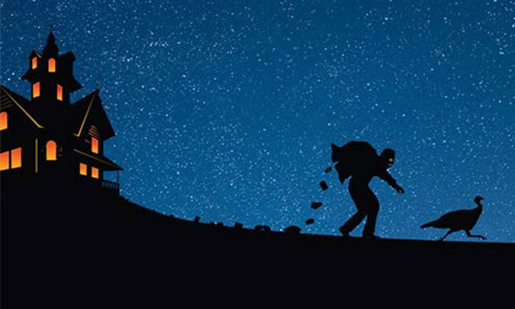 alt=illustration of a bandit stilling from a house at night