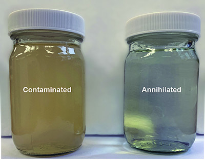 jars A jar contaminated with PFAS and jar of clean water from the Battelle Annihilator