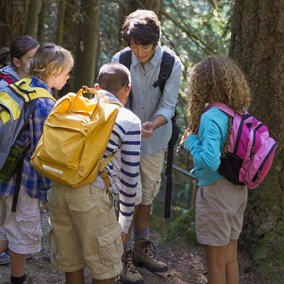 Photo: Teacher in the woods educating four STEM students on ecology