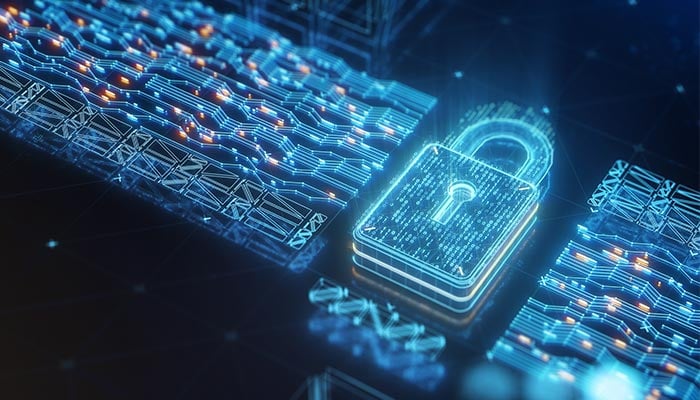 alt = close up of a cyber lock made out of code