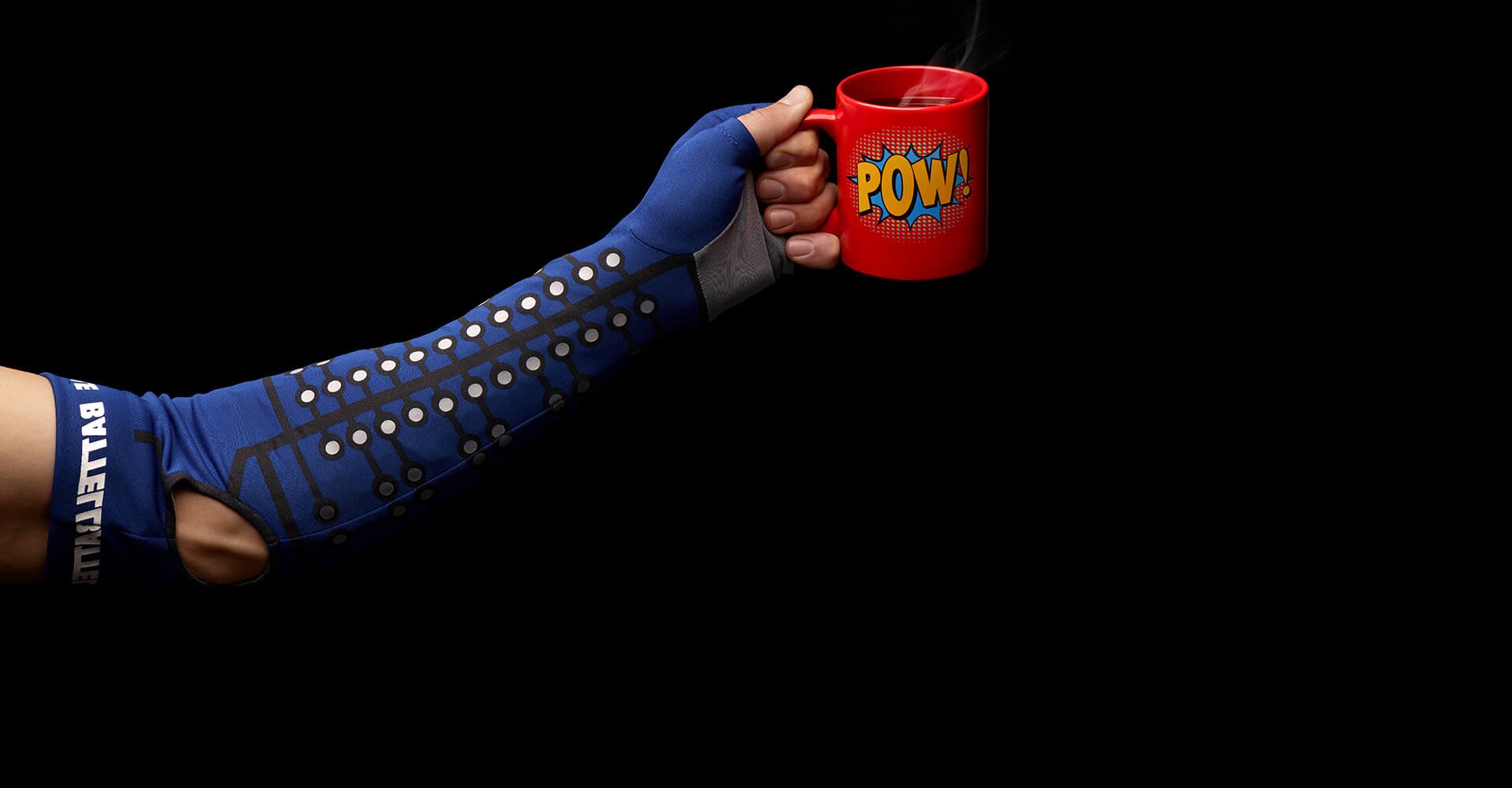 alt= close up of the battelle neurosleeve on a person arm