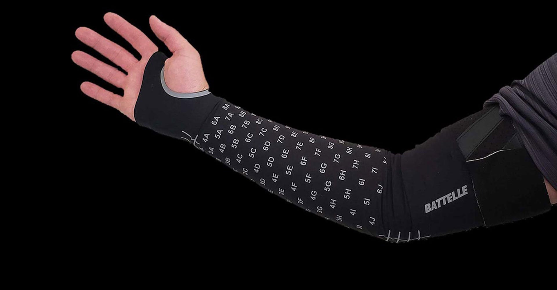 alt= close up of the battelle neurosleeve on a person arm