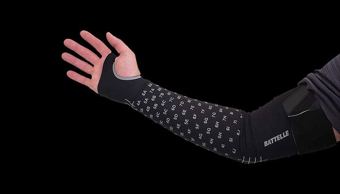 alt= close up a person wearing the battelle neuro sleeve and holding a coffee mug