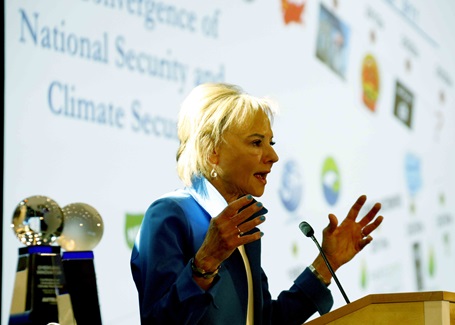 Photo: Sherri Goodman presenting her keynote at the conference on innovations in climate resilience