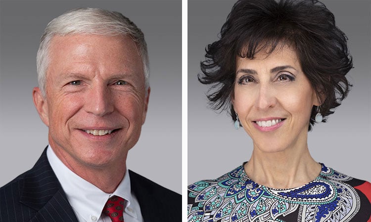 alt= headshots of battelle's newest board of directors Admiral Craig Faller (Ret.), former Commander of U.S. Southern Command, and Adele Gulfo, a globally recognized healthcare executive and board member