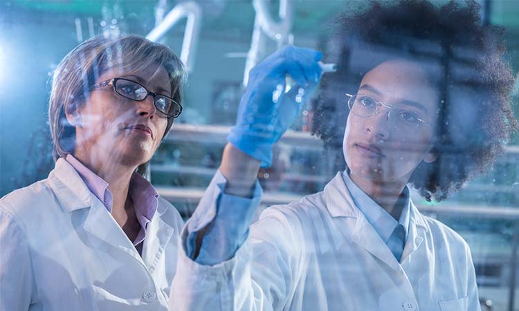 Photo: two scientist examining data