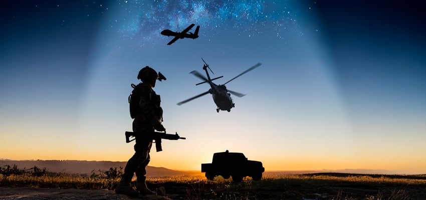 U.S. soldier with an Airforce Drone, a Marine Helicoptor and Battelle Armored Commercial Vehicle