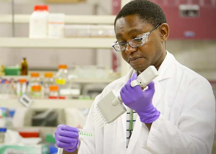 Photo: three scientists in a lab analyzing data