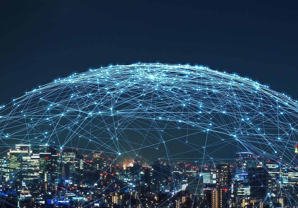 alt= landscape shot of a 5g dome on top of a city skyline