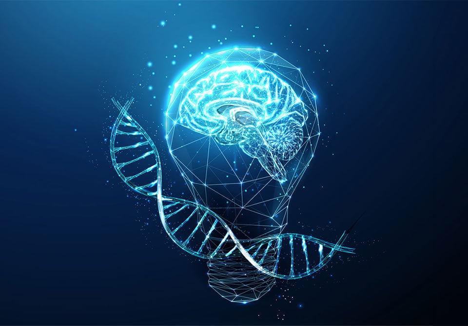 alt=Abstract blue glowing light bulb and DNA helix swirling around it