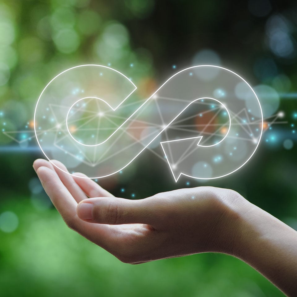 pfas-medical-devices-callout Image: Hand holding a circular economy symbol to represent PFAS replacement in medical devices