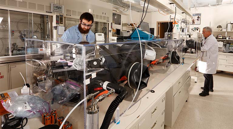 Threat Awareness Solution Photo: two scientists testing a chemical threat in a lab