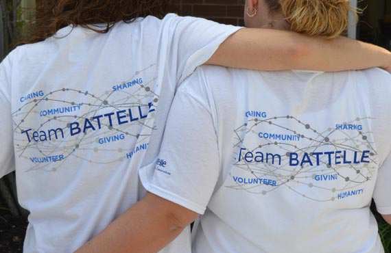 Battelle In the Community Photo: Two Battelle staff members, young women, standing together during a Habitat For Humanity Project