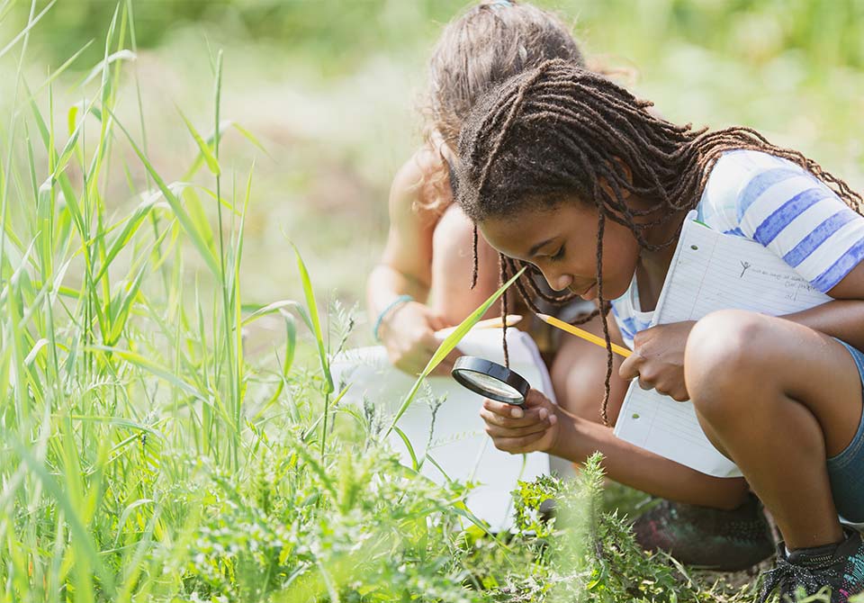 girl looking at bugs Photo: stem student in a field looking at bugs with a magnifying glass