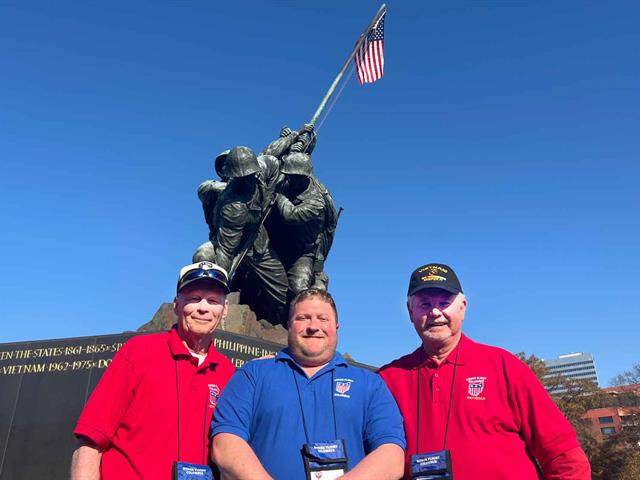 Photo: U.S. Army Veteran John Fabing, Battelle Guardian and U.S. Marine Corp Veteran Michael Kovach with U.S. Marine Corp Veteran Mike Adkins at the U.S. Marine Corp War Memorial