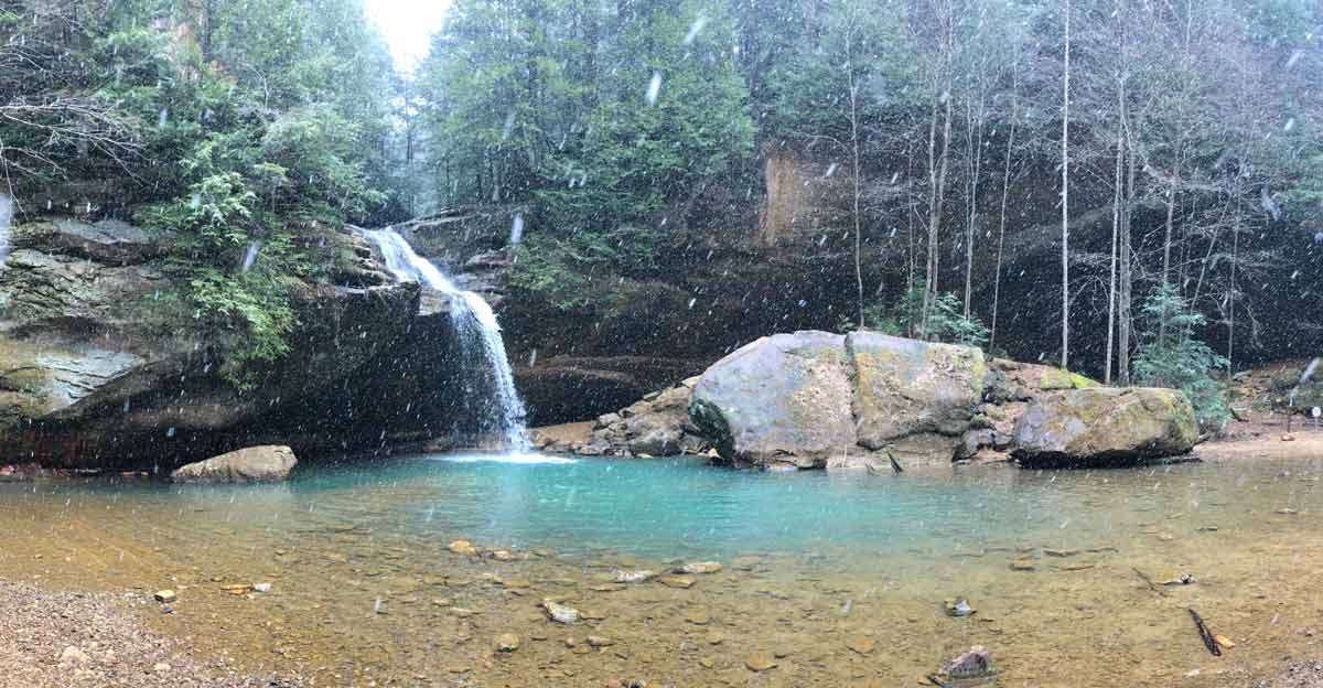 Photo: Waterfall in Hocking Hills during a winter snowfall 